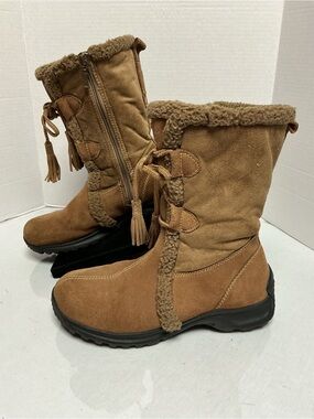 Lands’ End Suede Shearling Trim Mid Calf Winter Boots Brown 8 Wide